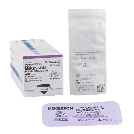 McKesson - SJ496GX - Absorbable Suture with Needle McKesson Polyglycolic Acid P-12 3/8 Circle Precision Reverse Cutting Needle Size 4 - 0 Braided