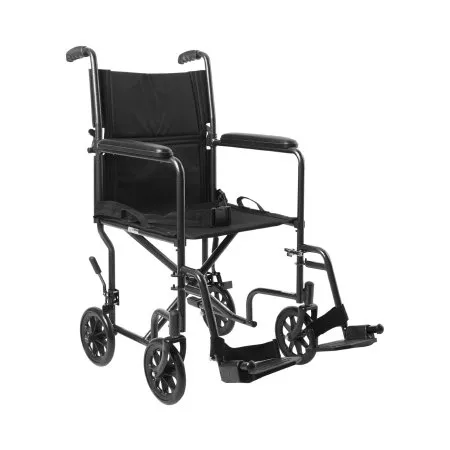 McKesson - From: 146-ATC19-BL To: 146-TR39E-SV - Lightweight Transport Chair Steel Frame with Silver Vein Finish 250 lbs. Weight Capacity Fixed Height / Padded Arm Black Upholstery