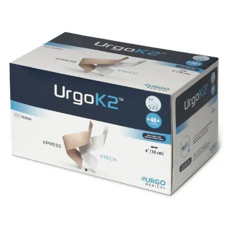 Urgo Medical North America - From: 553243 To: 553244 - URGOK2 2 Layer Compression Bandage System URGOK2 4 X 9 3/4 X 12 1/2 Inch Self Adherent Closure Tan / White NonSterile Large 40 mmHg