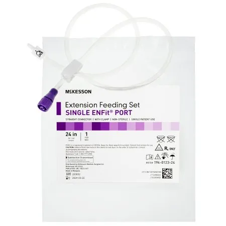 McKesson - 194-0123-24 - Bolus Enteral Feeding Extension Tube Set 24 Inch EnFit Secure Lock Straight Connector and Clamp NonSterile