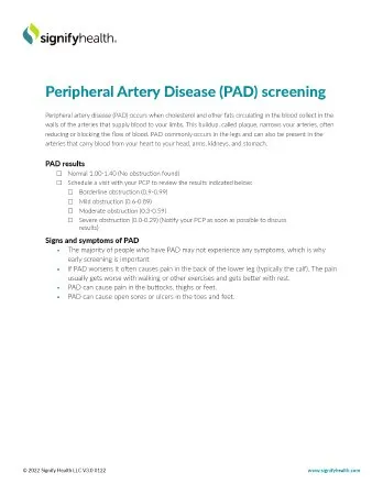 Signify Health - Signigyhealth - SIGNIFYPAD - Fact Sheet Signigyhealth Peripheral Artery Disease (pad) Screening 8 X11 Inch