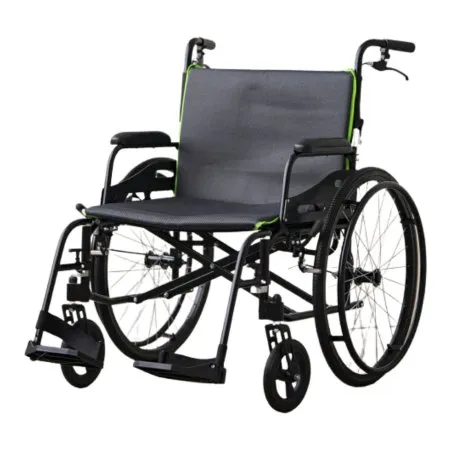 Feather Mobility - Feather - FCM22-BK-BKC - Lightweight Wheelchair Feather Full Length Arm Swing-Away Footrest Gray / Green Upholstery 22 Inch Seat Width Adult 350 lbs. Weight Capacity