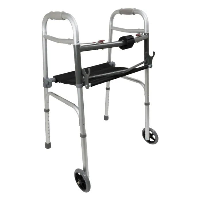 Compass Health Brands - Wkaaw2bst - Probasics Two-Button Folding Walker With Wheels And Roll-Up Seat, 300 Lb. Weight Capacity, Aluminum Frame, Height Adjustable. Nylon Seat Hooks On Frame For A Secure Seat. When Not In Use, It Rolls Up And Stores On The F