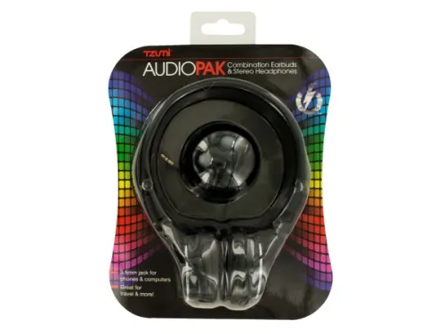 Kole Imports - OL645 - Black Foldable Stereo Headphones &amp; Earbuds Set