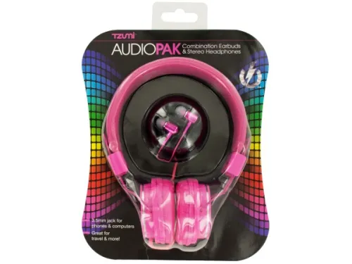 Kole Imports - OL646 - Pink Foldable Stereo Headphones &amp; Earbuds Set