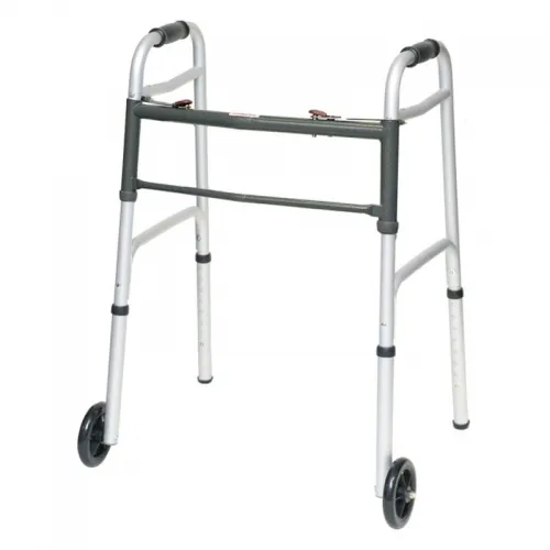 PMI - Professional Medical Imports - NONE - ProBasics Two Button Aluminum Walker with 5" Wheels, Adult, 300 pound capacity, lightweight aluminum frame construction, adjustable height, folds flat. 5'2" 6'4" height range.