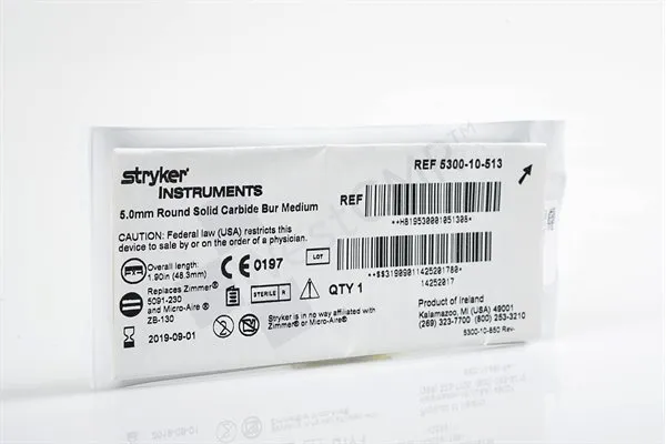 Stryker - 5300-10-513 - STRYKER 5.0 MM ROUND SOLID CARBIDE BUR MEDIUM